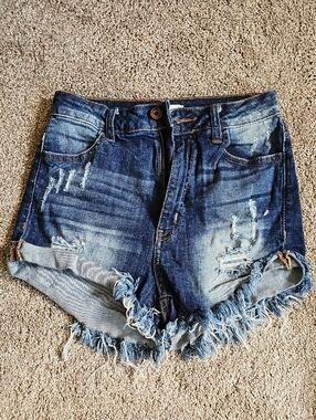 Aphrodite Distressed Dark Blue Denim Cutoff Shorts with Frayed Edge